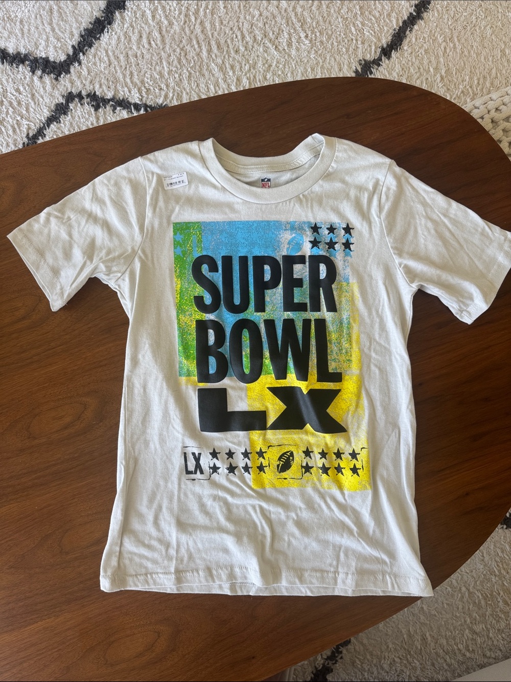 NFL White Super Bowl LX Graphic Tee with Blue and Yellow Accents